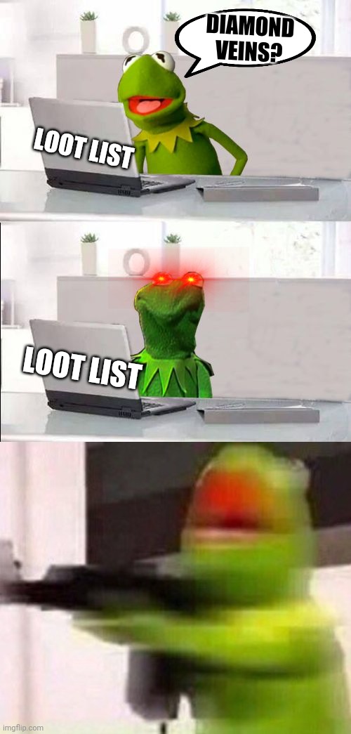 WE'RE LOSING POINTS | DIAMOND VEINS? LOOT LIST; LOOT LIST | image tagged in hide the pain kermit,lindon,will wright,cradle | made w/ Imgflip meme maker
