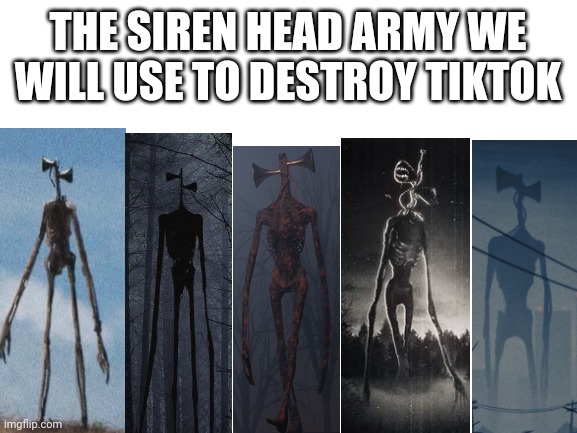 Blank White Template | THE SIREN HEAD ARMY WE WILL USE TO DESTROY TIKTOK | image tagged in blank white template,siren head,realistic siren head,ancient siren head,sirenhead | made w/ Imgflip meme maker