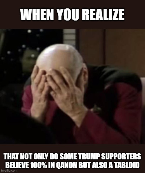 Picard Double Facepalm | WHEN YOU REALIZE; THAT NOT ONLY DO SOME TRUMP SUPPORTERS BELIEVE 100% IN QANON BUT ALSO A TABLOID | image tagged in picard double facepalm,qanon,new york post,tabloid,trump,maga | made w/ Imgflip meme maker