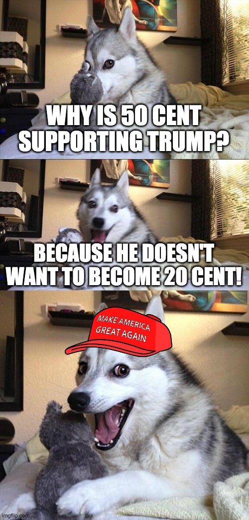 Vote for Trump in the USA and for IncognitoGuy in the IMGFLIP_PRESIDENTS stream | WHY IS 50 CENT SUPPORTING TRUMP? BECAUSE HE DOESN'T WANT TO BECOME 20 CENT! | image tagged in memes,bad pun dog,funny,donald trump,50 cent,politics | made w/ Imgflip meme maker