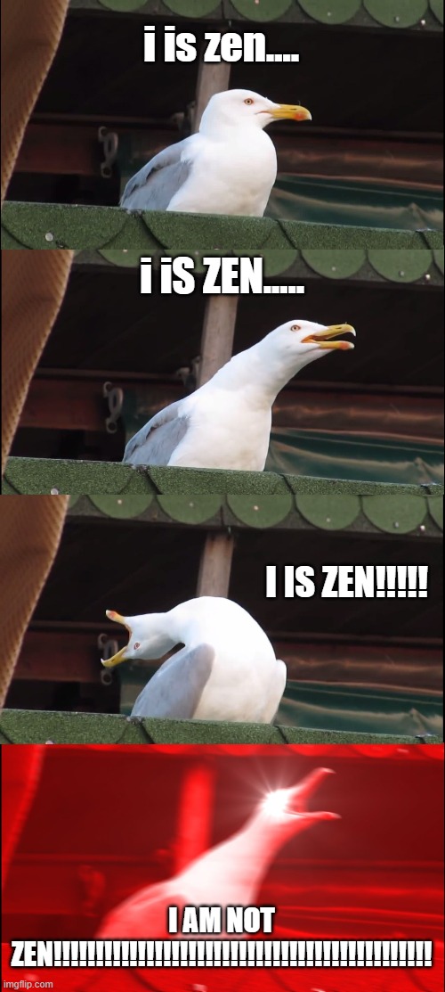 Inhaling Seagull Meme | i is zen.... i iS ZEN..... I IS ZEN!!!!! I AM NOT ZEN!!!!!!!!!!!!!!!!!!!!!!!!!!!!!!!!!!!!!!!!!!!!! | image tagged in memes,inhaling seagull,zen | made w/ Imgflip meme maker
