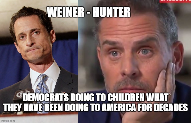 Democrats Screwing kids and screwing America | WEINER - HUNTER; DEMOCRATS DOING TO CHILDREN WHAT THEY HAVE BEEN DOING TO AMERICA FOR DECADES | image tagged in weiner hunter | made w/ Imgflip meme maker