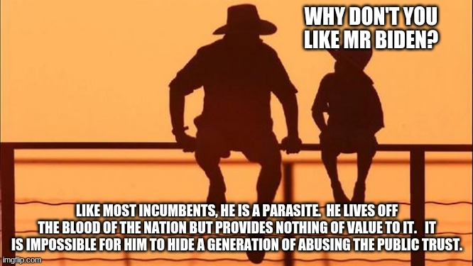 Cowboy wisdom on Joe Biden | WHY DON'T YOU LIKE MR BIDEN? LIKE MOST INCUMBENTS, HE IS A PARASITE.  HE LIVES OFF THE BLOOD OF THE NATION BUT PROVIDES NOTHING OF VALUE TO IT.   IT IS IMPOSSIBLE FOR HIM TO HIDE A GENERATION OF ABUSING THE PUBLIC TRUST. | image tagged in cowboy father and son,cowboy wisdom,who is joe biden,corruption,parasite,biden crime family | made w/ Imgflip meme maker