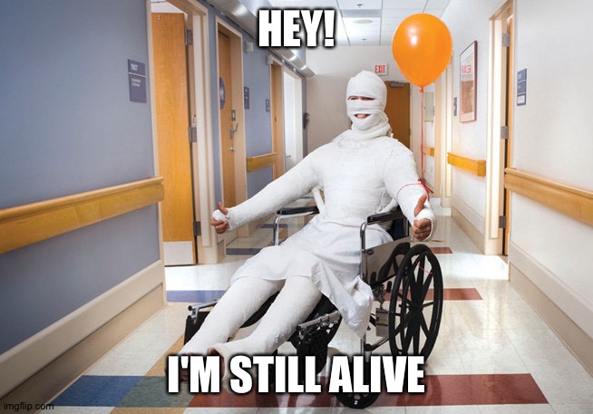injured guy | HEY! I'M STILL ALIVE | image tagged in injured guy | made w/ Imgflip meme maker