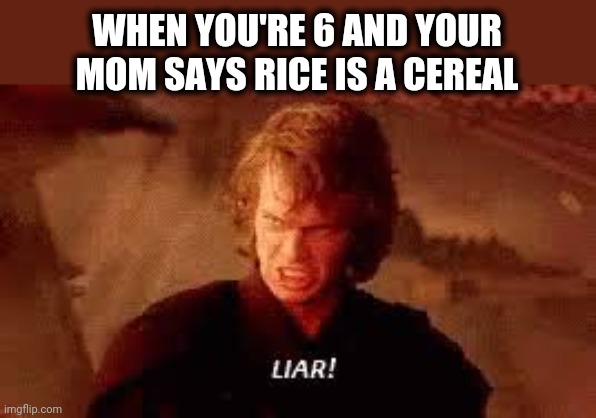 Anakin Liar | WHEN YOU'RE 6 AND YOUR MOM SAYS RICE IS A CEREAL | image tagged in anakin liar,memes,mom,rice,cereal | made w/ Imgflip meme maker