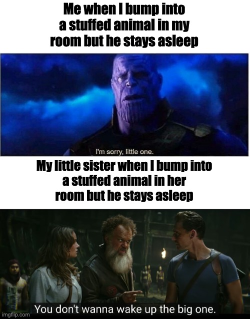You know how your little sister always has that giant stuffed animal? | Me when I bump into
a stuffed animal in my
room but he stays asleep; My little sister when I bump into
a stuffed animal in her
room but he stays asleep | image tagged in thanos i'm sorry little one | made w/ Imgflip meme maker