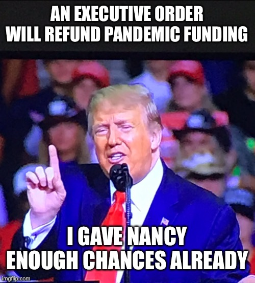 Time To Do The Right Thing | AN EXECUTIVE ORDER WILL REFUND PANDEMIC FUNDING; I GAVE NANCY ENOUGH CHANCES ALREADY | image tagged in trump number one,peu fix | made w/ Imgflip meme maker
