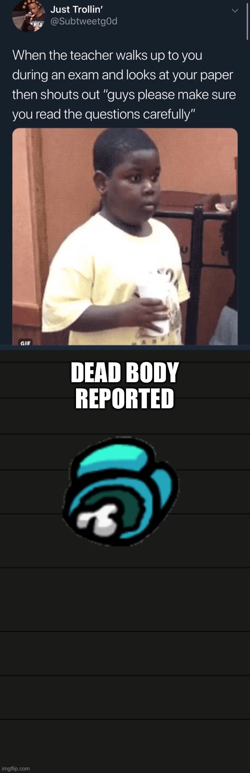 Test fails | DEAD BODY REPORTED | image tagged in among us,test,school | made w/ Imgflip meme maker