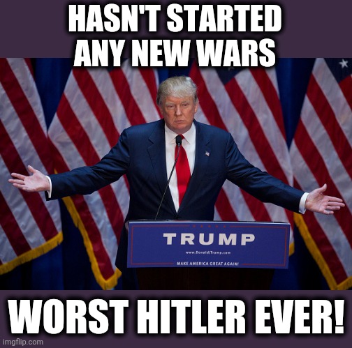 Donald Trump | HASN'T STARTED ANY NEW WARS; WORST HITLER EVER! | image tagged in donald trump,memes,no new wars,worst hitler ever,stupid liberals | made w/ Imgflip meme maker