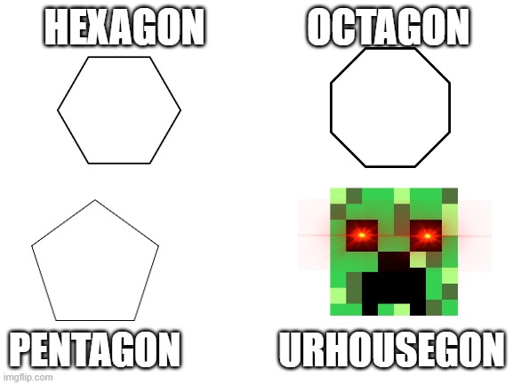 Blank White Template | HEXAGON             OCTAGON; PENTAGON             URHOUSEGON | image tagged in blank white template,xd,creeper,oh no,but why tho,lol | made w/ Imgflip meme maker