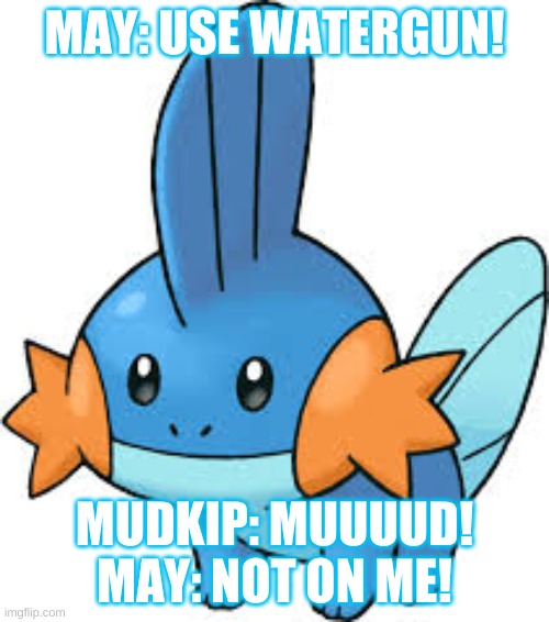 mudkip | MAY: USE WATERGUN! MUDKIP: MUUUUD!
MAY: NOT ON ME! | image tagged in mudkip | made w/ Imgflip meme maker