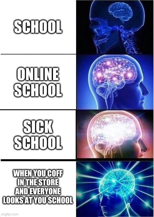 Expanding Brain Meme | SCHOOL; ONLINE SCHOOL; SICK SCHOOL; WHEN YOU COFF IN THE STORE AND EVERYONE LOOKS AT YOU SCHOOL | image tagged in memes,expanding brain | made w/ Imgflip meme maker