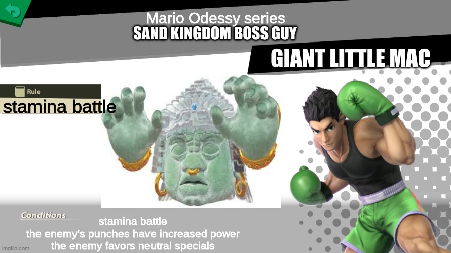 the first of many Mario odyssey spirits | Mario Odessy series; SAND KINGDOM BOSS GUY; GIANT LITTLE MAC; stamina battle; stamina battle
the enemy's punches have increased power
the enemy favors neutral specials | image tagged in super smash bros | made w/ Imgflip meme maker