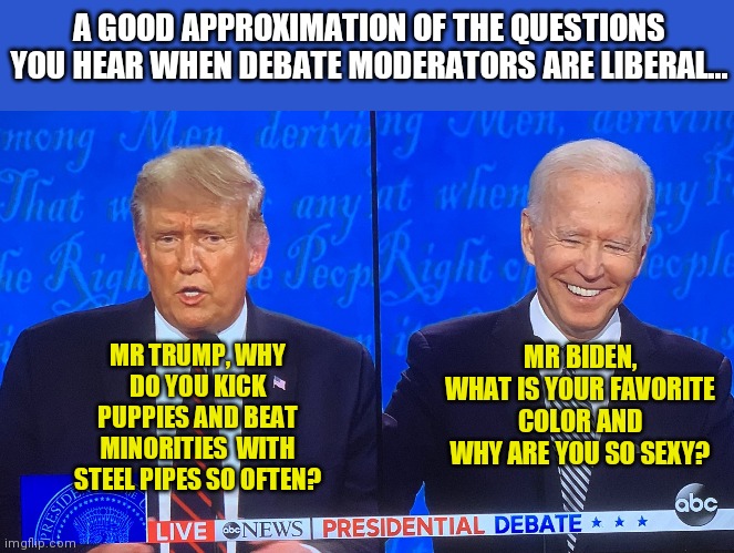 Liberal thought is like taking your morning constitutional....same old crap, different day. | A GOOD APPROXIMATION OF THE QUESTIONS YOU HEAR WHEN DEBATE MODERATORS ARE LIBERAL... MR TRUMP, WHY DO YOU KICK PUPPIES AND BEAT MINORITIES  WITH STEEL PIPES SO OFTEN? MR BIDEN, WHAT IS YOUR FAVORITE COLOR AND WHY ARE YOU SO SEXY? | image tagged in presidential debate,political correctness | made w/ Imgflip meme maker