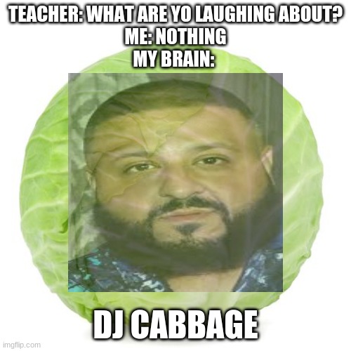 What are you think about? | TEACHER: WHAT ARE YO LAUGHING ABOUT?
ME: NOTHING
MY BRAIN:; DJ CABBAGE | image tagged in fun,dj kaled,cabbage | made w/ Imgflip meme maker