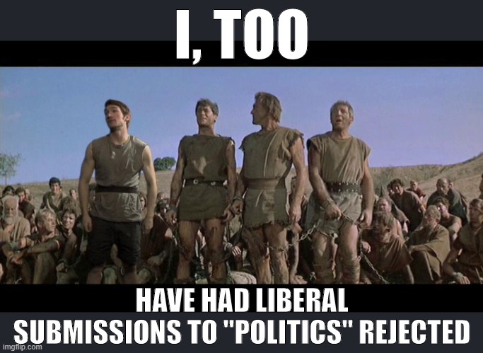 It happen | I, TOO; HAVE HAD LIBERAL SUBMISSIONS TO "POLITICS" REJECTED | image tagged in i am spartacus | made w/ Imgflip meme maker