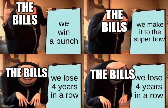 The buffalo bills be like | THE BILLS; THE BILLS; we win a bunch; we make it to the super bowl; THE BILLS; THE BILLS; we lose 4 years in a row; we lose 4 years in a row | image tagged in memes,gru's plan | made w/ Imgflip meme maker