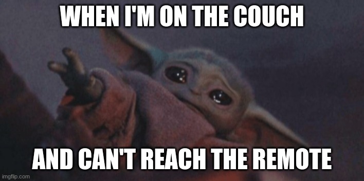 Baby yoda cry | WHEN I'M ON THE COUCH; AND CAN'T REACH THE REMOTE | image tagged in baby yoda cry,baby yoda,memes,funny memes,dank memes,lazy | made w/ Imgflip meme maker