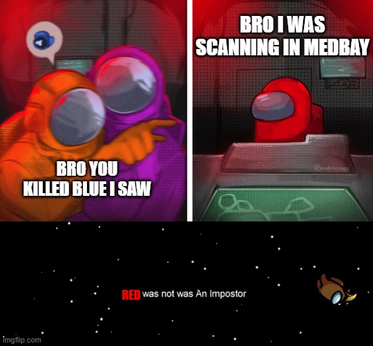 HE WAS SCANNING IN MEDBAY I SAW | BRO I WAS SCANNING IN MEDBAY; BRO YOU KILLED BLUE I SAW; RED | image tagged in cat at table among us,among us not the imposter | made w/ Imgflip meme maker