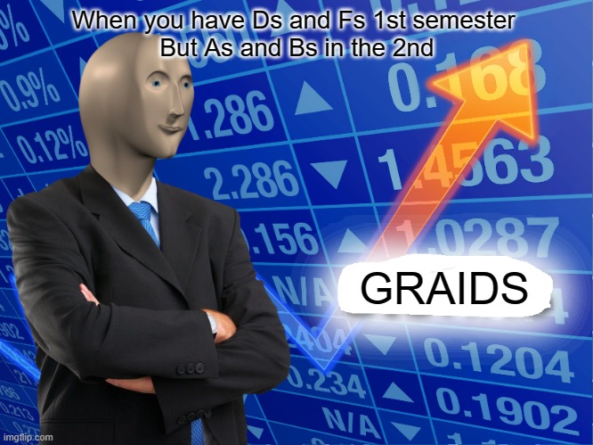 poor to success | When you have Ds and Fs 1st semester 
But As and Bs in the 2nd; GRAIDS | image tagged in empty stonks | made w/ Imgflip meme maker