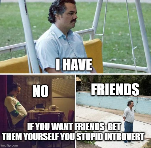 Sad Pablo Escobar Meme | I HAVE; FRIENDS; NO; IF YOU WANT FRIENDS  GET THEM YOURSELF YOU STUPID INTROVERT | image tagged in memes,sad pablo escobar | made w/ Imgflip meme maker