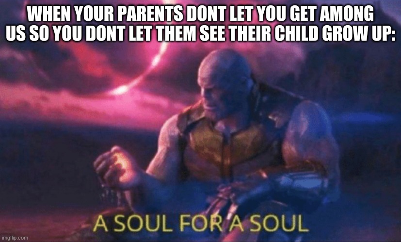 E |  WHEN YOUR PARENTS DONT LET YOU GET AMONG US SO YOU DONT LET THEM SEE THEIR CHILD GROW UP: | image tagged in a soul for a soul | made w/ Imgflip meme maker