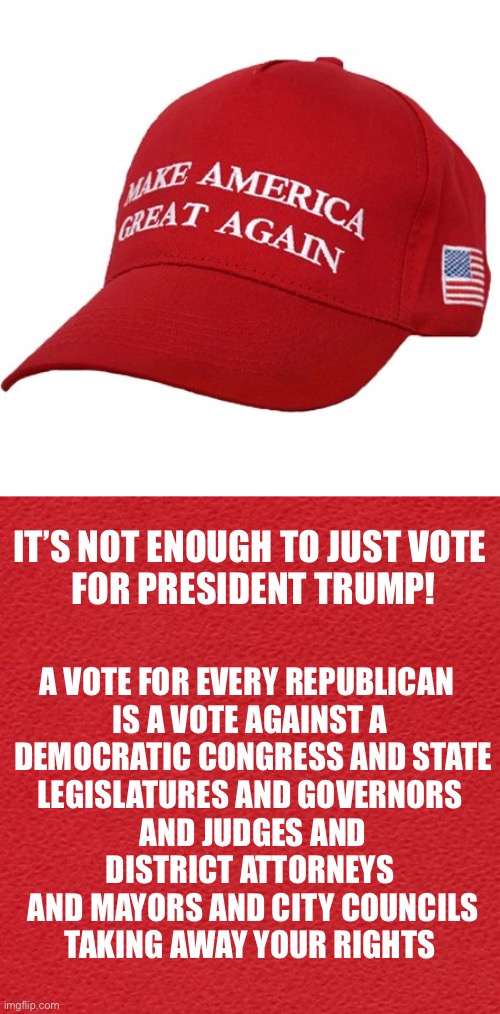 Vote RED or we’re all dead | A VOTE FOR EVERY REPUBLICAN 

IS A VOTE AGAINST A
 DEMOCRATIC CONGRESS AND STATE LEGISLATURES AND GOVERNORS
 AND JUDGES AND DISTRICT ATTORNEYS
 AND MAYORS AND CITY COUNCILS
 TAKING AWAY YOUR RIGHTS; IT’S NOT ENOUGH TO JUST VOTE
 FOR PRESIDENT TRUMP! | image tagged in blank red card,maga hat | made w/ Imgflip meme maker