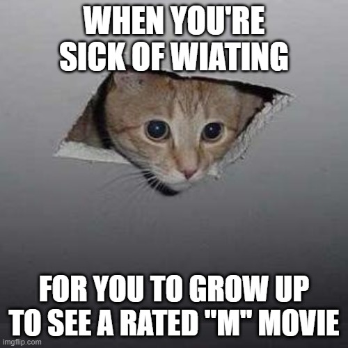 Ceiling Cat | WHEN YOU'RE SICK OF WIATING; FOR YOU TO GROW UP TO SEE A RATED "M" MOVIE | image tagged in memes,ceiling cat | made w/ Imgflip meme maker