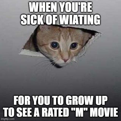 Ceiling Cat Meme | WHEN YOU'RE SICK OF WIATING; FOR YOU TO GROW UP TO SEE A RATED "M" MOVIE | image tagged in memes,ceiling cat | made w/ Imgflip meme maker