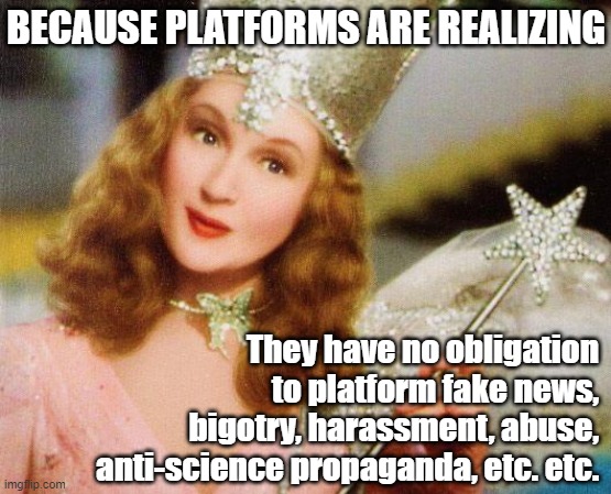 Why does the liberal media resort to CeNsOrShIp?! | BECAUSE PLATFORMS ARE REALIZING; They have no obligation to platform fake news, bigotry, harassment, abuse, anti-science propaganda, etc. etc. | image tagged in glinda,censorship,censored | made w/ Imgflip meme maker