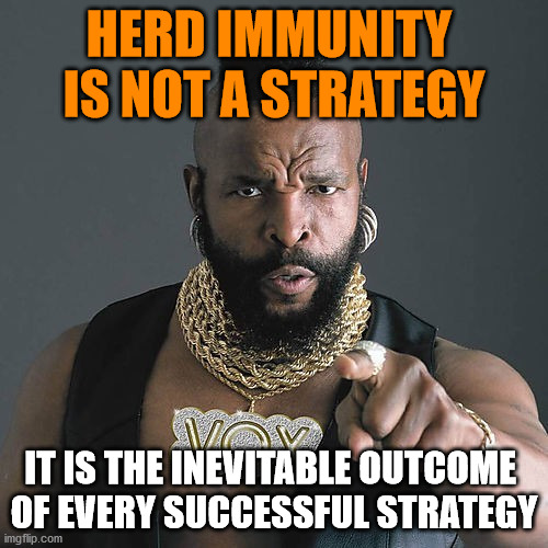 Herd immunity is not a strategy | HERD IMMUNITY 
IS NOT A STRATEGY; IT IS THE INEVITABLE OUTCOME 
OF EVERY SUCCESSFUL STRATEGY | image tagged in memes,mr t,covid-19,covid | made w/ Imgflip meme maker