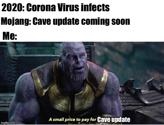 2020 for me | 2020: Corona Virus infects; Mojang: Cave update coming soon; Me:; Cave update | image tagged in a small price to pay for salvation,cave update | made w/ Imgflip meme maker