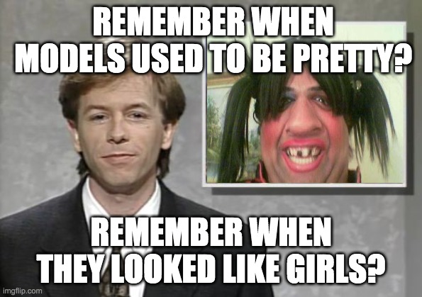 David Spade: Hollywood Minute | REMEMBER WHEN MODELS USED TO BE PRETTY? REMEMBER WHEN THEY LOOKED LIKE GIRLS? | image tagged in david spade hollywood minute,ugly woman | made w/ Imgflip meme maker