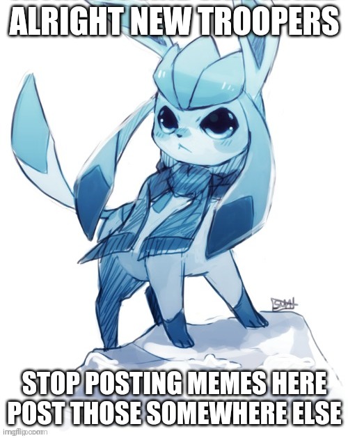 glaceon climbing mountain | ALRIGHT NEW TROOPERS; STOP POSTING MEMES HERE POST THOSE SOMEWHERE ELSE | image tagged in glaceon climbing mountain | made w/ Imgflip meme maker