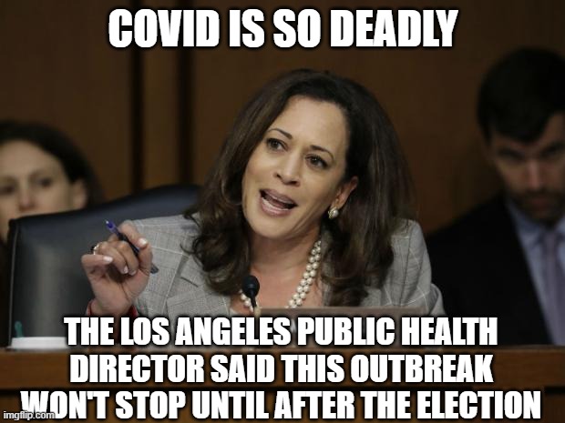 Kamala Harris | COVID IS SO DEADLY THE LOS ANGELES PUBLIC HEALTH DIRECTOR SAID THIS OUTBREAK WON'T STOP UNTIL AFTER THE ELECTION | image tagged in kamala harris | made w/ Imgflip meme maker