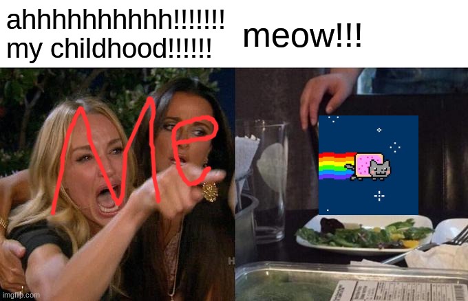 Woman Yelling At Cat | ahhhhhhhhhh!!!!!!! my childhood!!!!!! meow!!! | image tagged in memes,woman yelling at cat | made w/ Imgflip meme maker