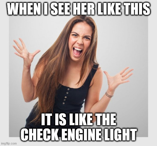 angry girl | WHEN I SEE HER LIKE THIS IT IS LIKE THE CHECK ENGINE LIGHT | image tagged in angry girl | made w/ Imgflip meme maker