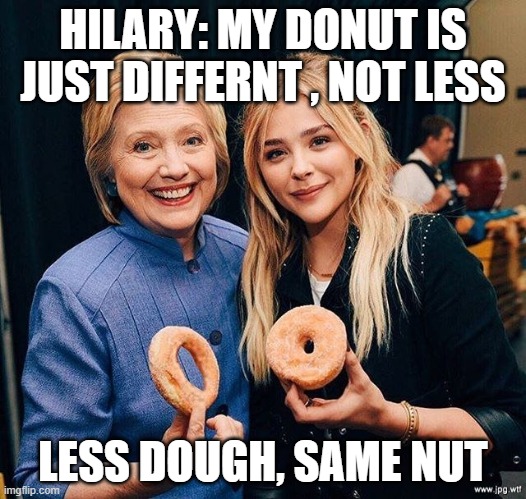 Less dough, same nut |  HILARY: MY DONUT IS JUST DIFFERNT , NOT LESS; LESS DOUGH, SAME NUT | image tagged in different not less,disability,leftists,liberal hypocrisy,autism | made w/ Imgflip meme maker