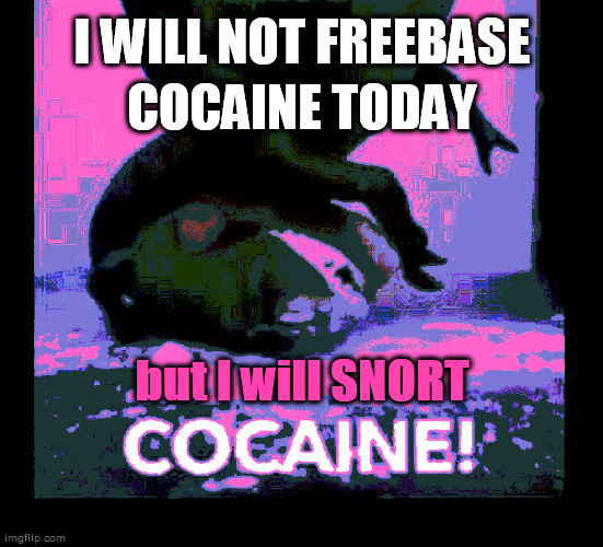 I WILL NOT FREEBASE
COCAINE TODAY but I will SNORT | made w/ Imgflip meme maker
