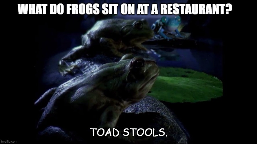 Daily Bad Dad Joke Oct 21 2020 | WHAT DO FROGS SIT ON AT A RESTAURANT? TOAD STOOLS. | image tagged in frogs | made w/ Imgflip meme maker