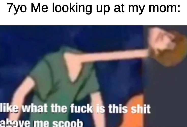 Like what the f*ck is this sh*t above me scoob | 7yo Me looking up at my mom: | image tagged in like what the f ck is this sh t above me scoob | made w/ Imgflip meme maker
