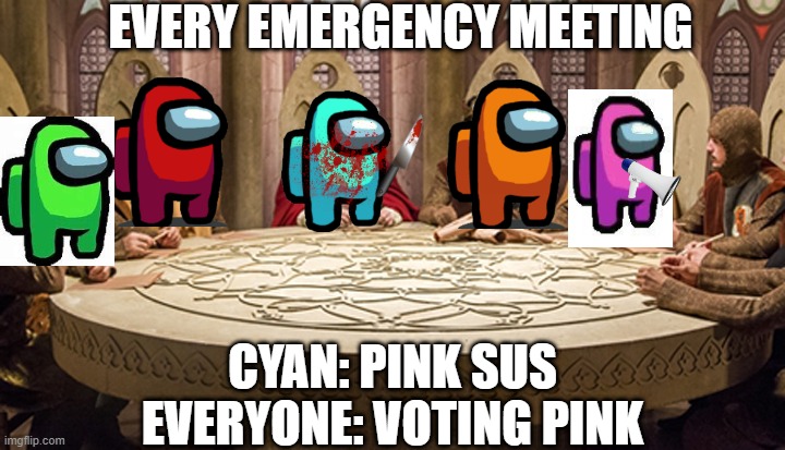 Crewmates of the Round Table | EVERY EMERGENCY MEETING; CYAN: PINK SUS
EVERYONE: VOTING PINK | image tagged in round table | made w/ Imgflip meme maker