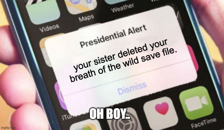 Presidential Alert Meme | your sister deleted your breath of the wild save file. OH BOY.. | image tagged in memes,presidential alert | made w/ Imgflip meme maker