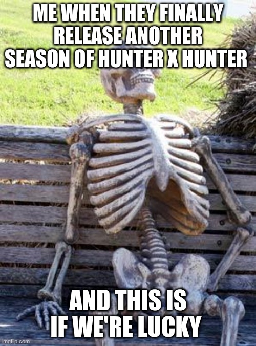 Waiting Skeleton | ME WHEN THEY FINALLY RELEASE ANOTHER SEASON OF HUNTER X HUNTER; AND THIS IS IF WE'RE LUCKY | image tagged in memes,waiting skeleton,hunter x hunter | made w/ Imgflip meme maker