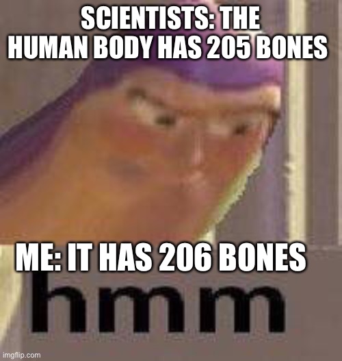 Buzz Lightyear Hmm | SCIENTISTS: THE HUMAN BODY HAS 205 BONES; ME: IT HAS 206 BONES | image tagged in buzz lightyear hmm | made w/ Imgflip meme maker