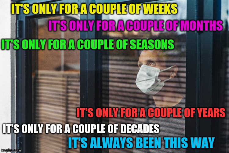 lockdown | IT'S ONLY FOR A COUPLE OF WEEKS; IT'S ONLY FOR A COUPLE OF MONTHS; IT'S ONLY FOR A COUPLE OF SEASONS; IT'S ONLY FOR A COUPLE OF YEARS; IT'S ONLY FOR A COUPLE OF DECADES; IT'S ALWAYS BEEN THIS WAY | image tagged in lockdown | made w/ Imgflip meme maker