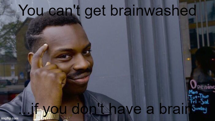 And that's what makes be immune to propaganda. | You can't get brainwashed; ...if you don't have a brain. | image tagged in memes,roll safe think about it | made w/ Imgflip meme maker