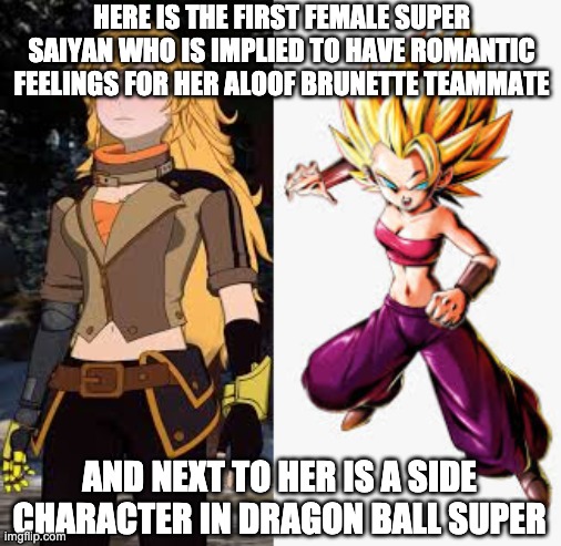 r/technicallythetruth | HERE IS THE FIRST FEMALE SUPER SAIYAN WHO IS IMPLIED TO HAVE ROMANTIC FEELINGS FOR HER ALOOF BRUNETTE TEAMMATE; AND NEXT TO HER IS A SIDE CHARACTER IN DRAGON BALL SUPER | image tagged in rwby,dbz | made w/ Imgflip meme maker