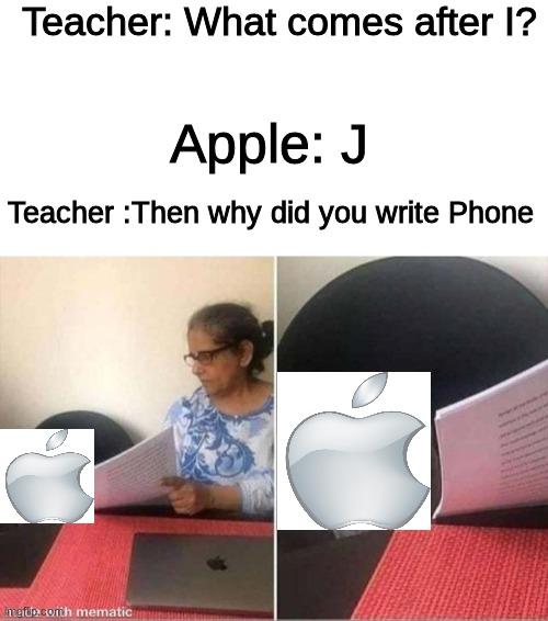 REEEEE | Teacher: What comes after I? Apple: J; Teacher :Then why did you write Phone | image tagged in blank white template,cat worksheet | made w/ Imgflip meme maker