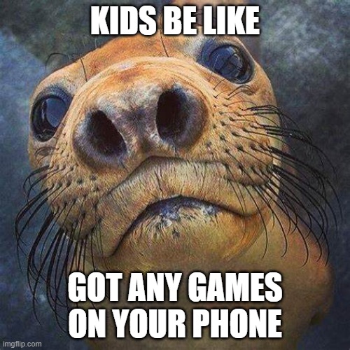 kids be like | KIDS BE LIKE; GOT ANY GAMES ON YOUR PHONE | image tagged in curious seal,games | made w/ Imgflip meme maker
